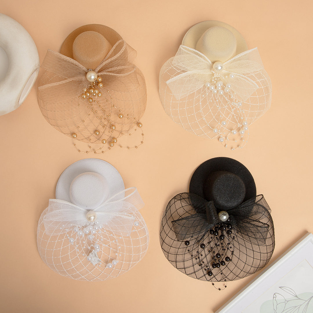 Radhu & Kabby Elegant Lemon Fascinator Hat | Pearl & Mesh Bow Hair Accessory for Girls/Women