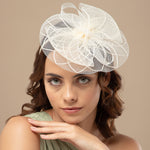 Load image into Gallery viewer, Radhu &amp; Kabby Fascinator Hat for Girls/Women | Set of 1 Elegant Pearl &amp; Mesh Bow Design | Brown Hat with Alligator Clips &amp; Headband
