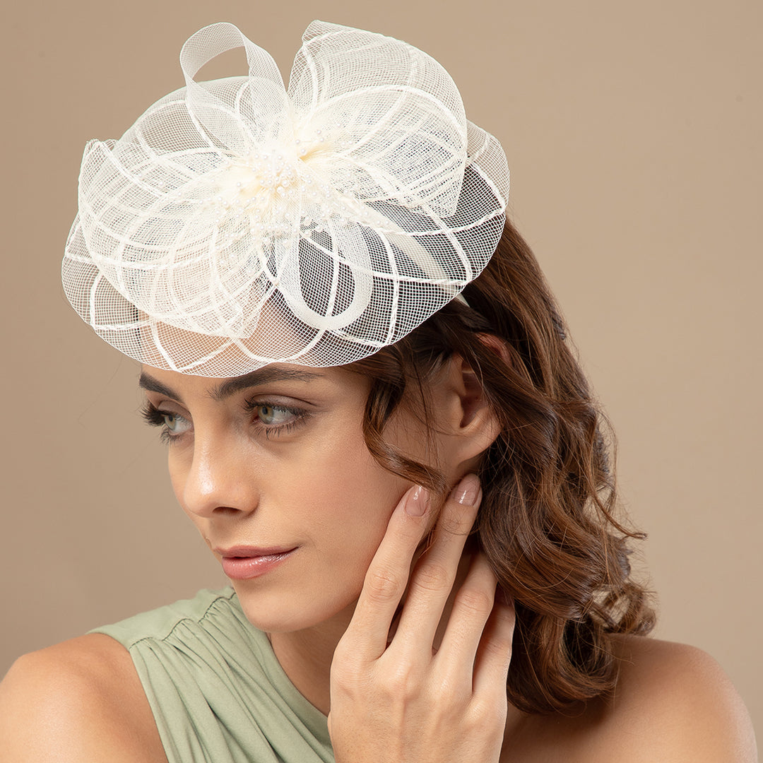 Radhu & Kabby Fascinator Hat for Girls/Women | Set of 1 Lemon Hat with Pearl & Mesh Bow Design | Includes Alligator Clip & Headband