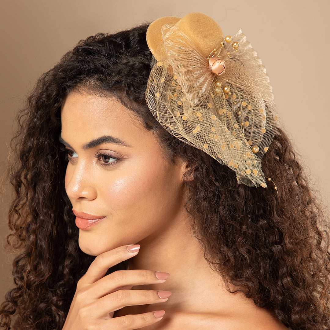 Radhu & Kabby Fascinator Hat for Girls/Women | Brown Hat with Polka Dot Veil, Mesh Bow | Hair Accessory for Weddings, Outings and Special Events