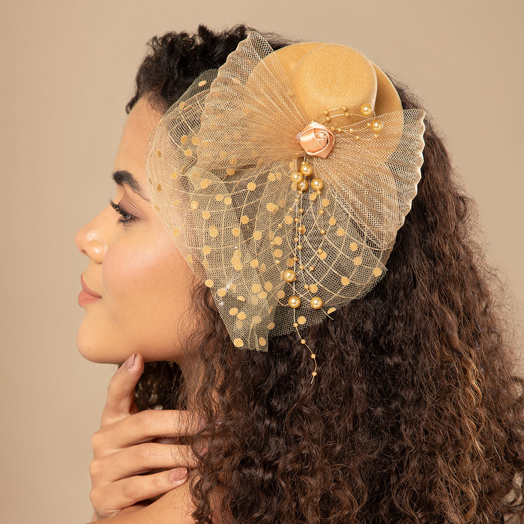 Radhu & Kabby Fascinator Hat for Girls/Women | Brown Hat with Polka Dot Veil, Mesh Bow | Hair Accessory for Weddings, Outings and Special Events