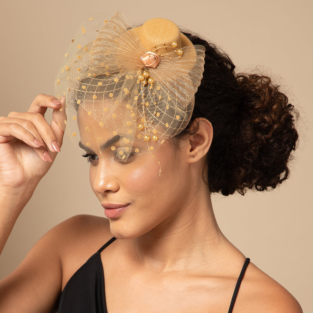 Radhu & Kabby Fascinator Hat for Girls/Women | Brown Hat with Polka Dot Veil, Mesh Bow | Hair Accessory for Weddings, Outings and Special Events