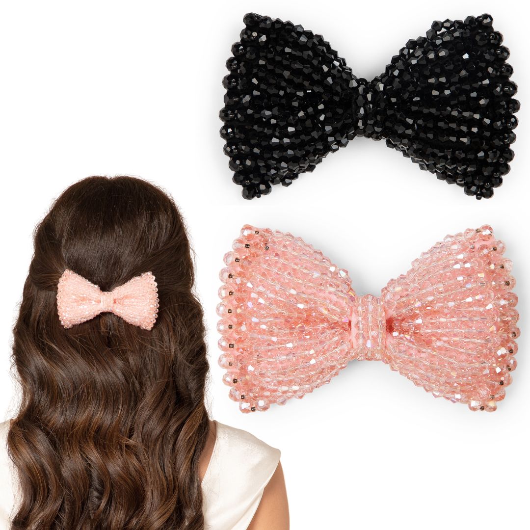 Crystal Beaded Hair Bows Black & Pink Hair Clips for Women Set of 2