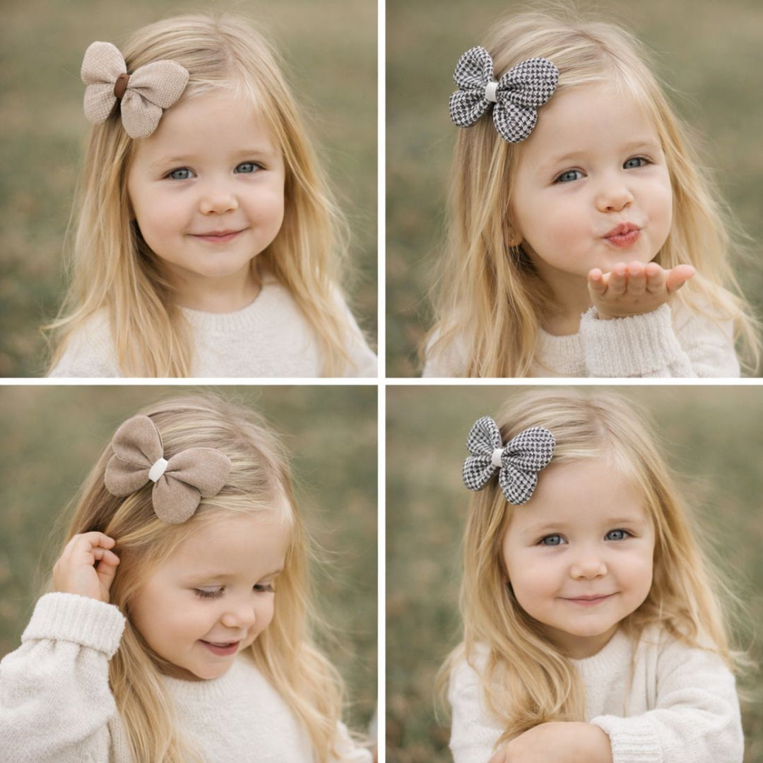 Radhu & Kabby Fabric Butterfly Hair Clips for Girls & Women | Set of 3 Elegant Neutral Soft Checkered Bows
