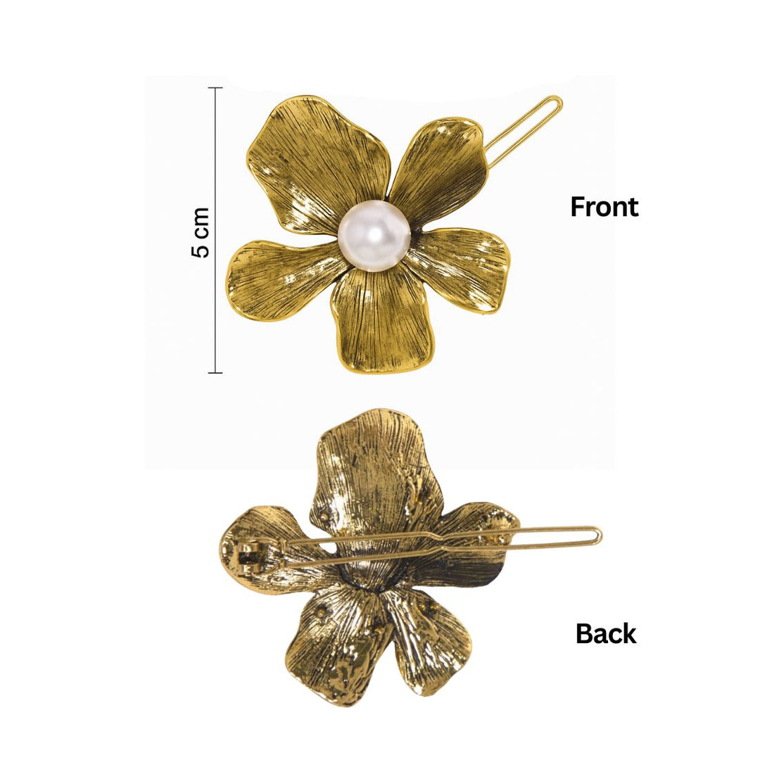 Radhu & Kabby Metal Flower Hair Pin Set | Gold, Silver & Black Floral Hair Clips with Pearl Center for Wome/Girls