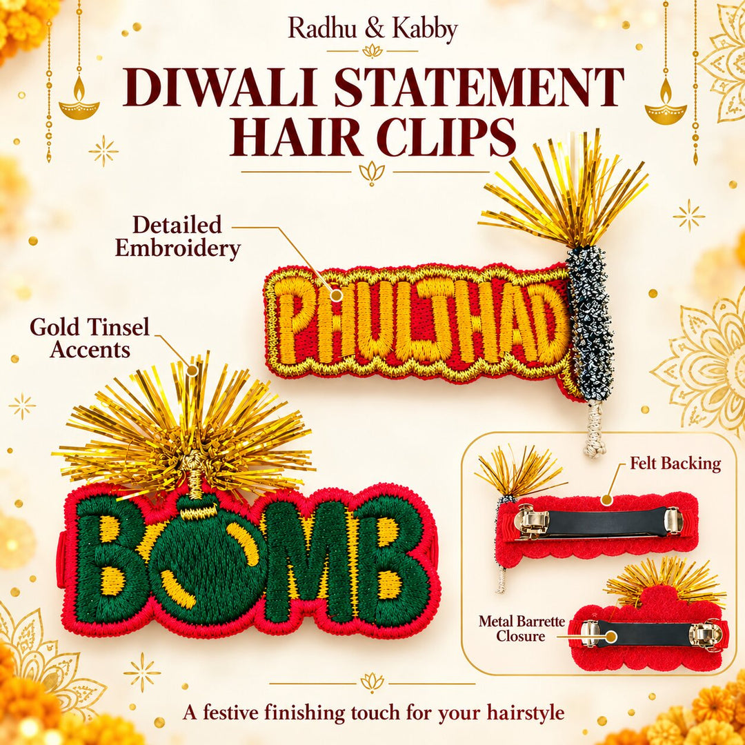 Radhu & Kabby Diwali Embroidered Hair Clips for Girls & Women | Phuljhadi & Bomb Festive Hair Accessories