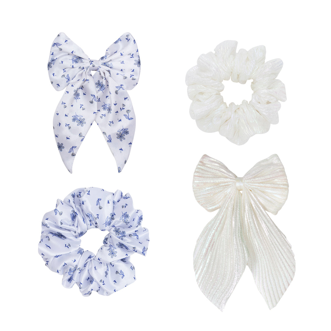 Hair Scrunchies & Hair Bow Combo Pack for Girls – Floral & White Hair Accessories