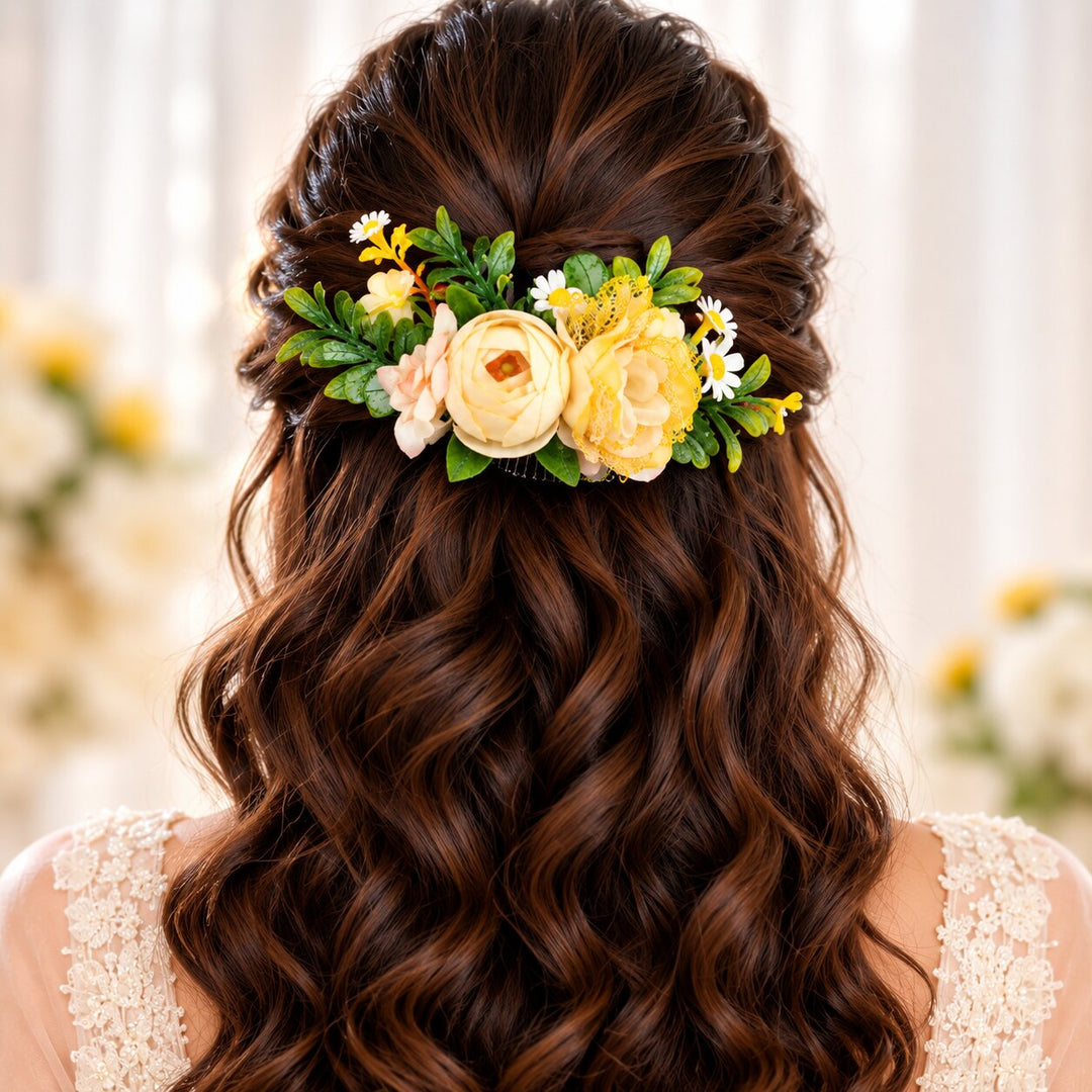 Radhu & Kabby Golden Bloom Floral Hair Comb for Women | Yellow Flower Hair Accessory for Bun Updo Party & Festive Hairstyles
