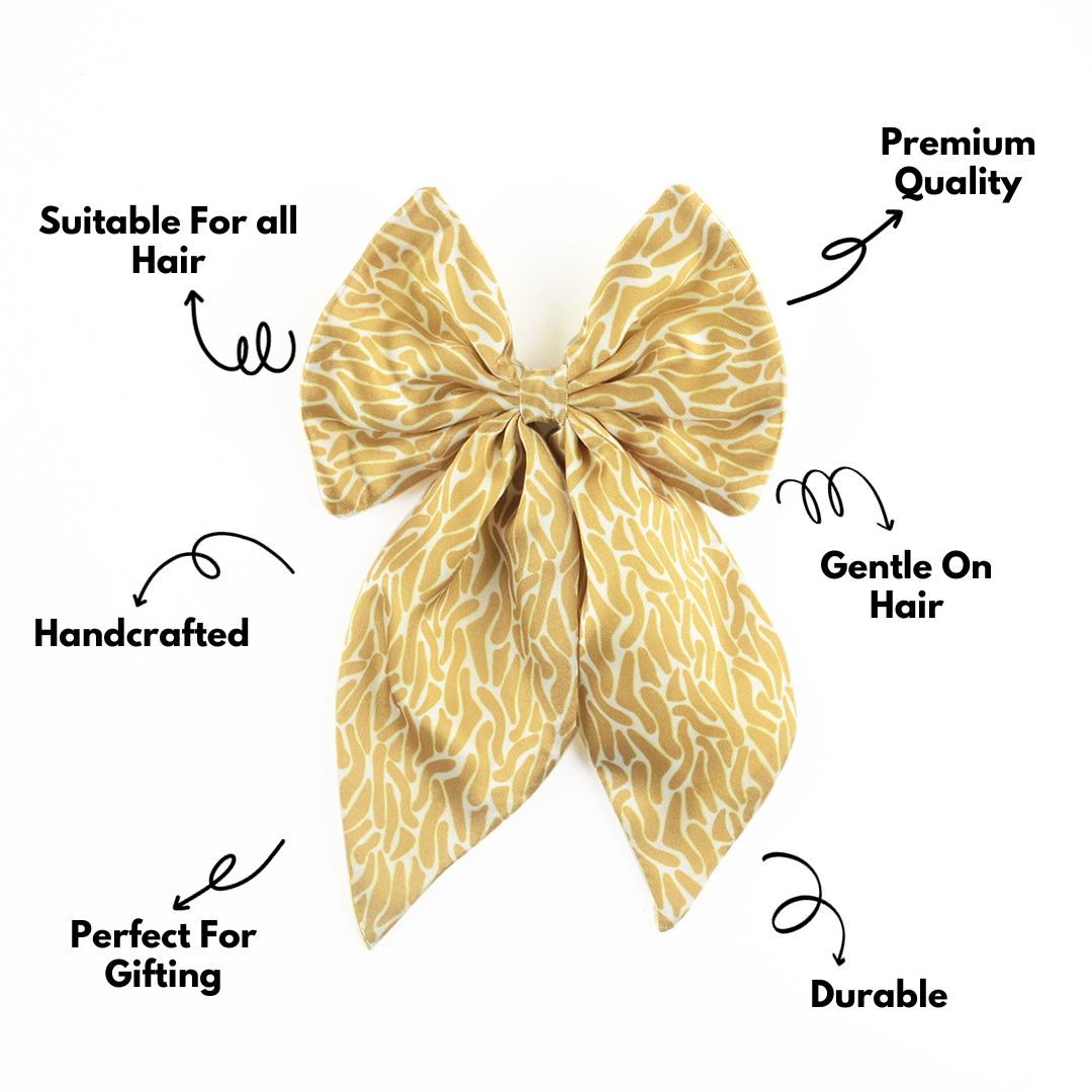 Satin Gold Patterned Hair Bow Clip For Women & Girls Set of 1