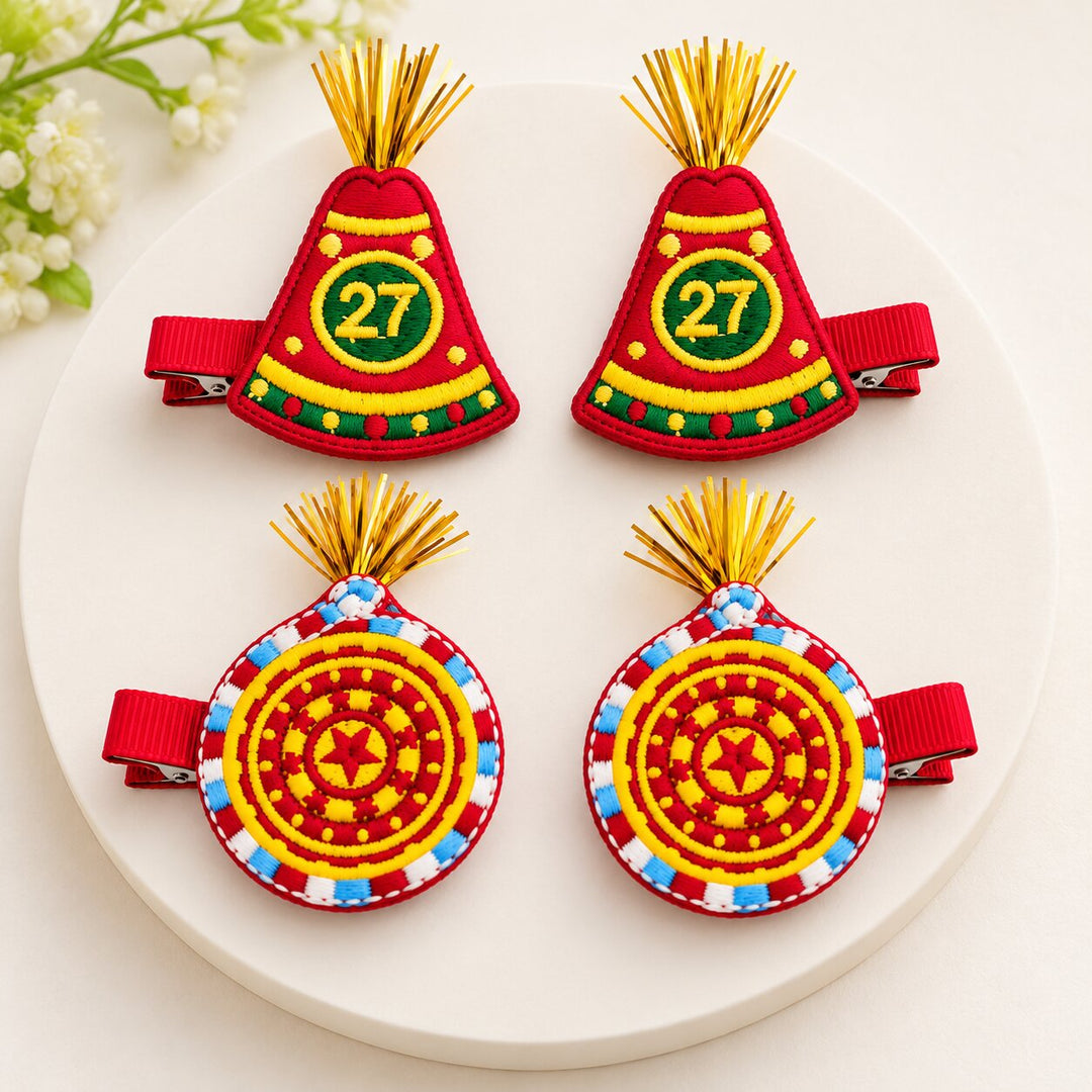 Radhu & Kabby Traditional Embroidered Hair Clips for Girls & Women | Festive Hair Accessories with Golden Tassels | Set of 4