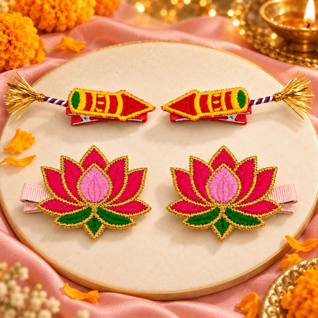 Radhu & Kabby Diwali Hair Clips for Girls & Women | Rocket & Lotus Embroidered Festive Hair Accessories | Set of 4