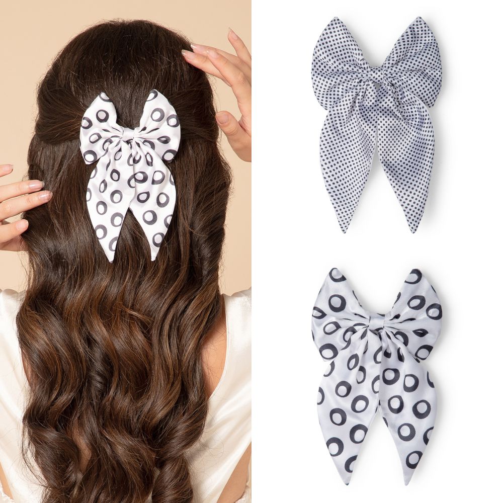 Trendy Satin Hair Bow for Women Black & White Colour Set of 2