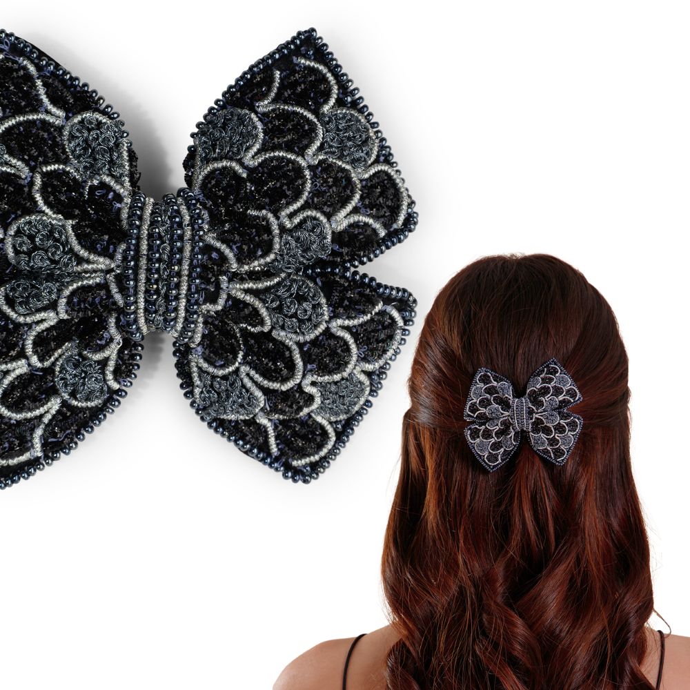 Handmade Black Embellished Hair Bow for Girls & Women