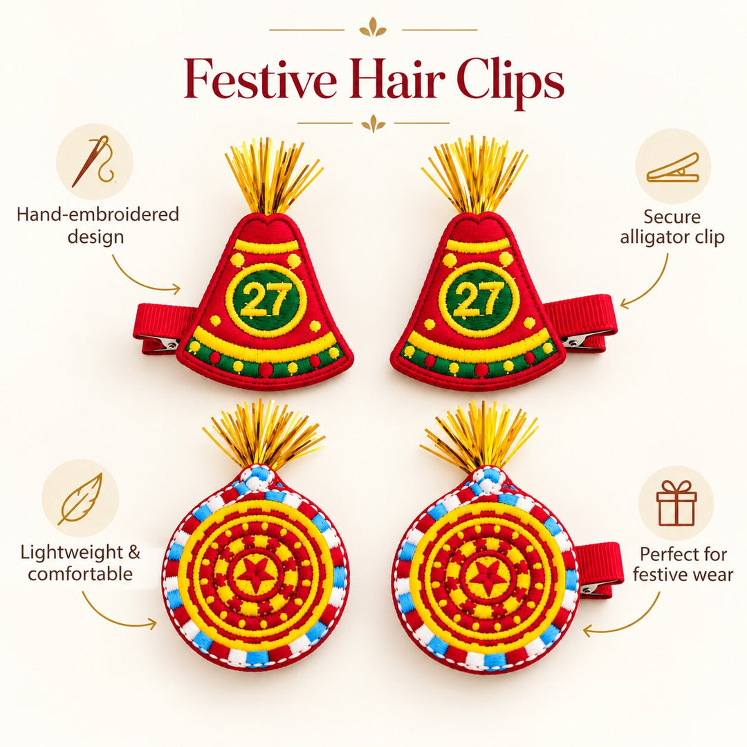 Radhu & Kabby Traditional Embroidered Hair Clips for Girls & Women | Festive Hair Accessories with Golden Tassels | Set of 4