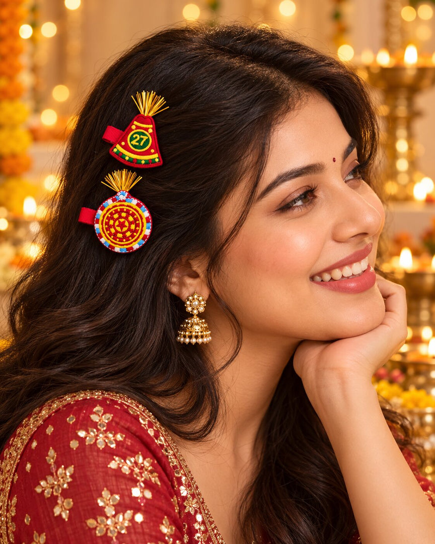 Radhu & Kabby Traditional Embroidered Hair Clips for Girls & Women | Festive Hair Accessories with Golden Tassels | Set of 4