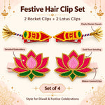 Load image into Gallery viewer, Radhu &amp; Kabby Diwali Hair Clips for Girls &amp; Women | Rocket &amp; Lotus Embroidered Festive Hair Accessories | Set of 4
