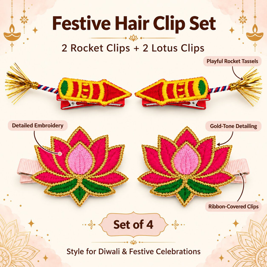 Radhu & Kabby Diwali Hair Clips for Girls & Women | Rocket & Lotus Embroidered Festive Hair Accessories | Set of 4