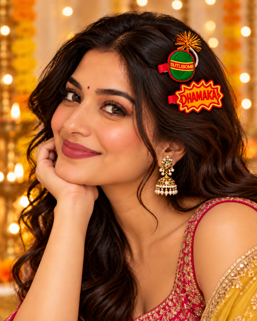 Radhu & Kabby Diwali Festive Hair Clips for Girls & Women | Embroidered Sutli Bomb & Dhamaka Hair Accessories | Set of 4