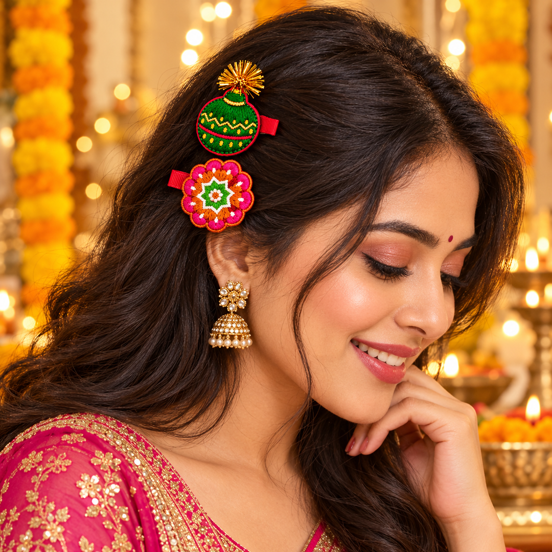 Radhu & Kabby Diwali Embroidered Hair Clips for Girls & Women | Festive Rangoli & Decorative Hair Accessories | Set of 4