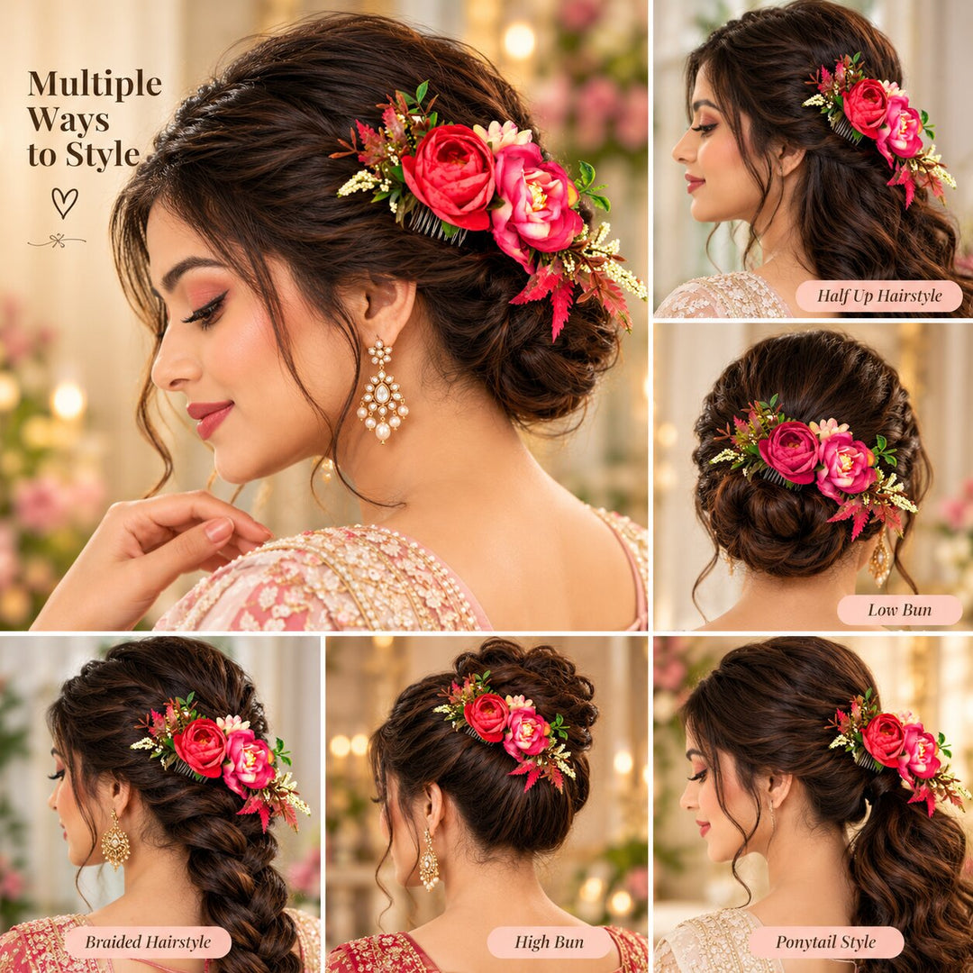 Radhu & Kabby Floral Hair Comb for Women | Rose Flower Bridal Hair Accessory with Green Leaves for Bun & Updo Hairstyles