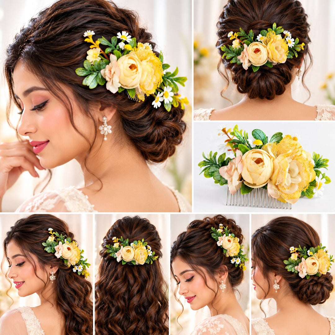 Radhu & Kabby Golden Bloom Floral Hair Comb for Women | Yellow Flower Hair Accessory for Bun Updo Party & Festive Hairstyles