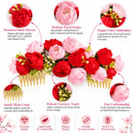 Load image into Gallery viewer, Radhu &amp; Kabby Rose Garden Floral Hair Combs for Women | Red &amp; Pink Flower Hair Accessories for Bun Updo Party &amp; Festive Looks Set of 2