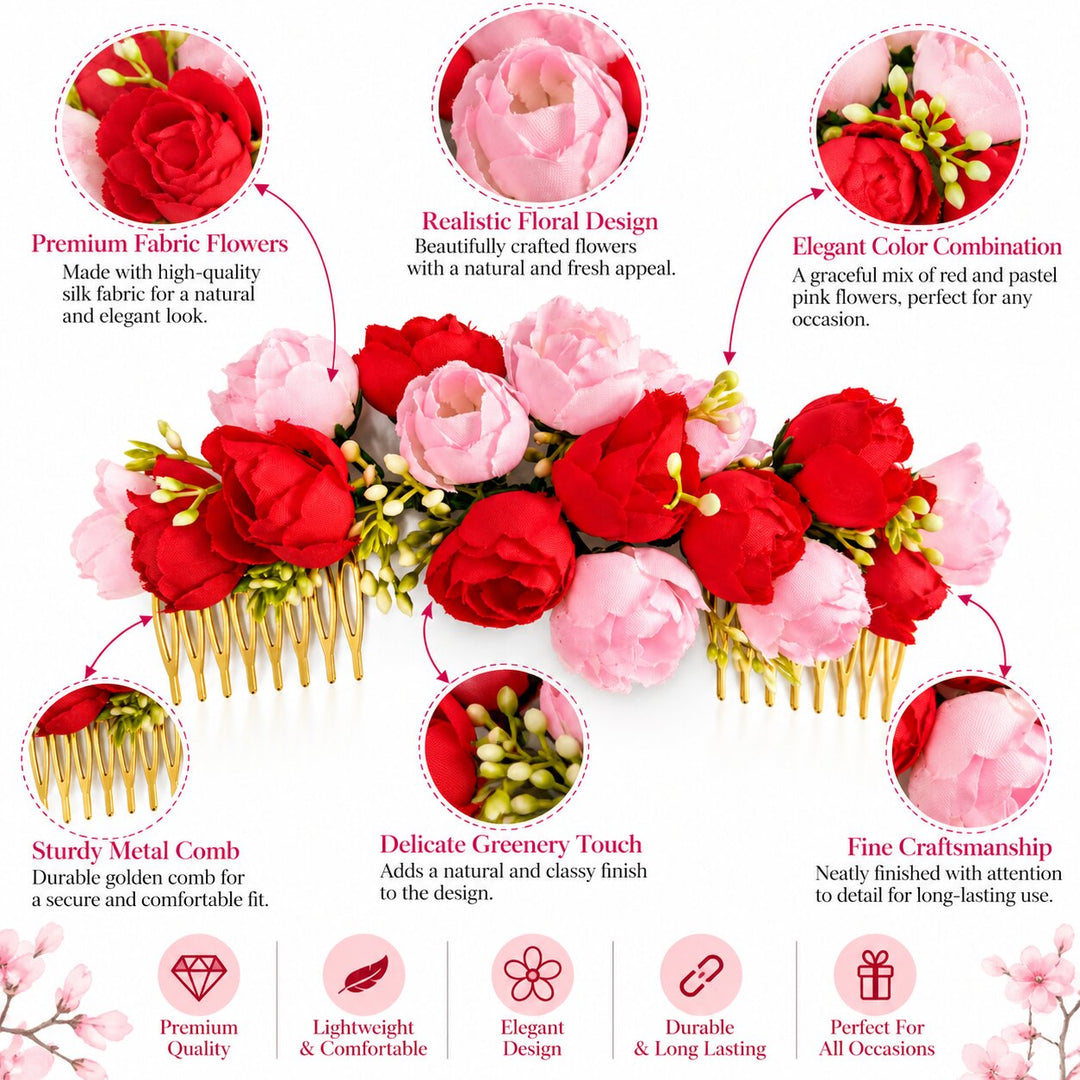 Radhu & Kabby Rose Garden Floral Hair Combs for Women | Red & Pink Flower Hair Accessories for Bun Updo Party & Festive Looks Set of 2