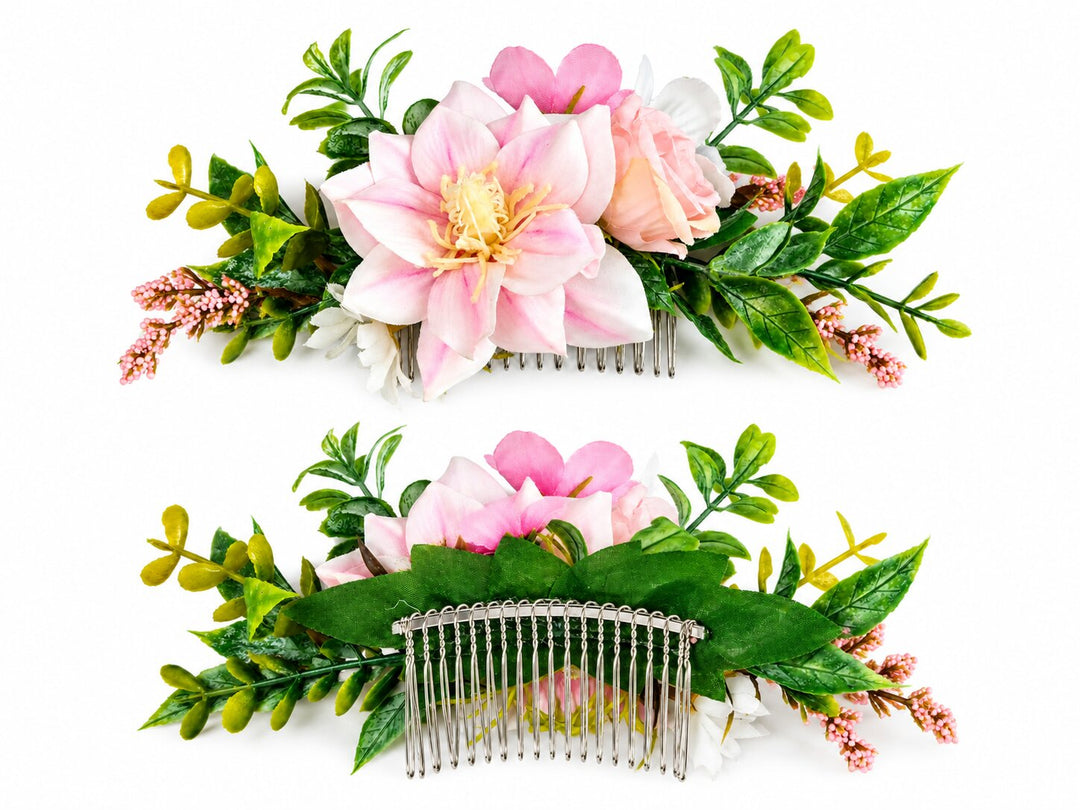 Radhu & Kabby Blooming Garden Floral Hair Comb for Women | Pink Flower Hair Accessory for Bun Updo Party & Festive Hairstyles