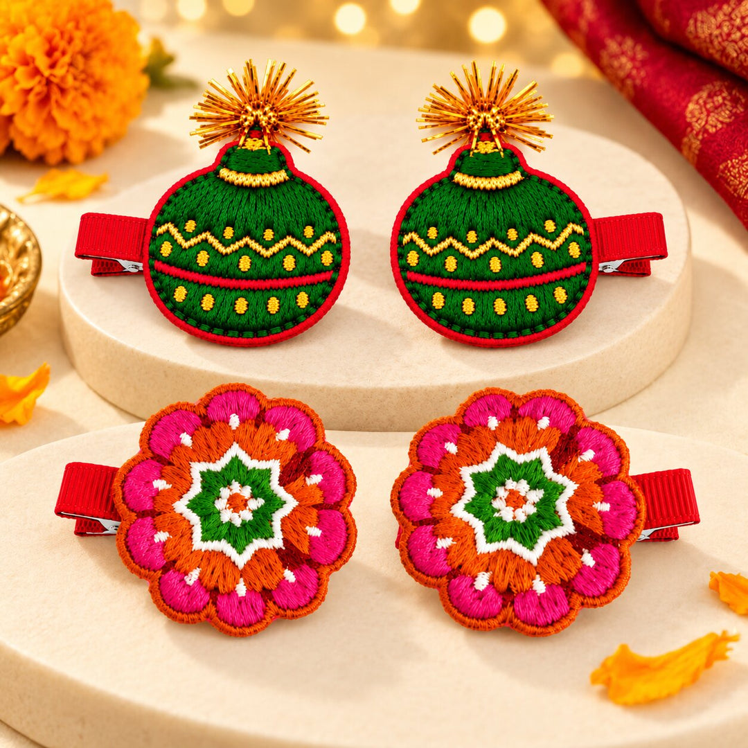 Radhu & Kabby Diwali Embroidered Hair Clips for Girls & Women | Festive Rangoli & Decorative Hair Accessories | Set of 4