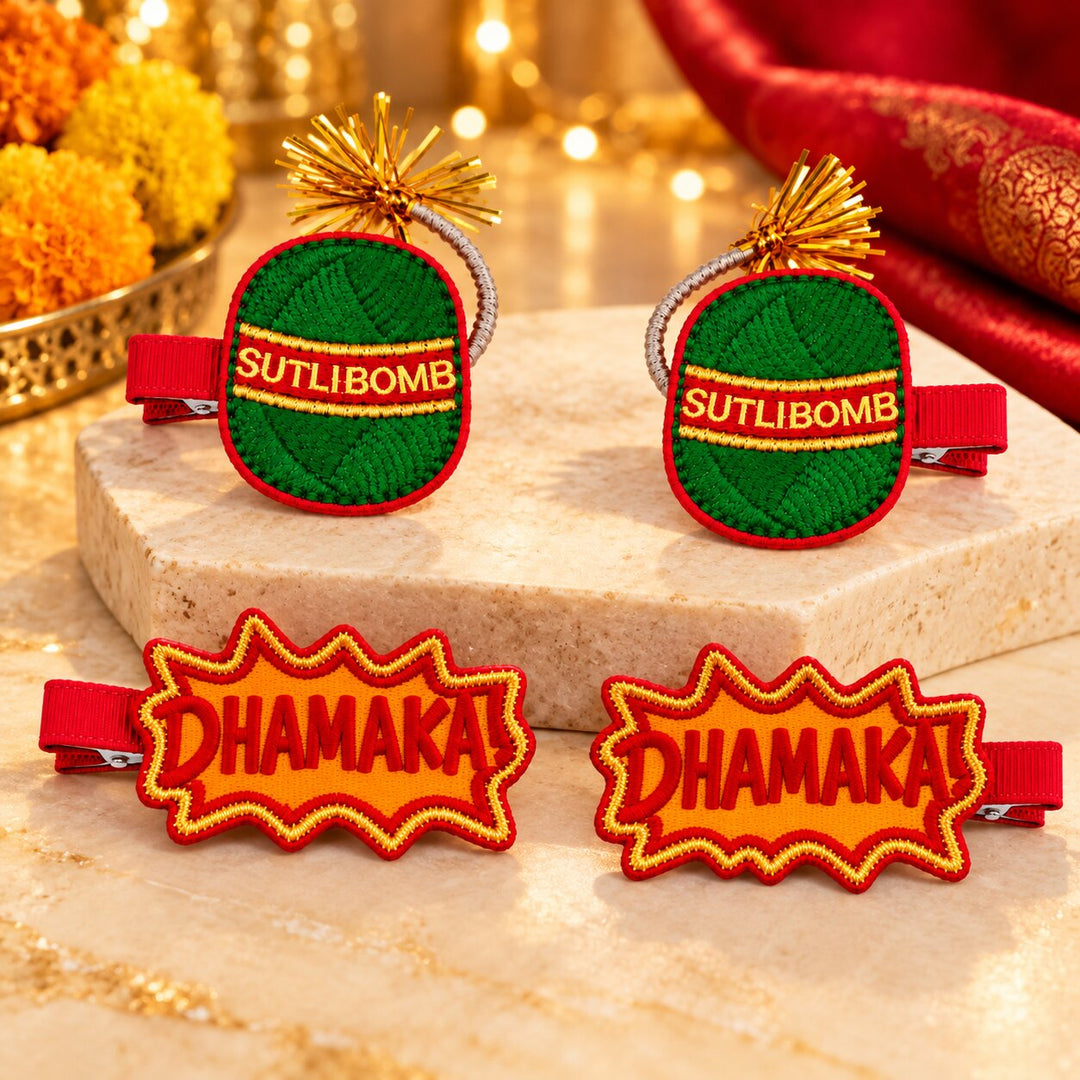 Radhu & Kabby Diwali Festive Hair Clips for Girls & Women | Embroidered Sutli Bomb & Dhamaka Hair Accessories | Set of 4