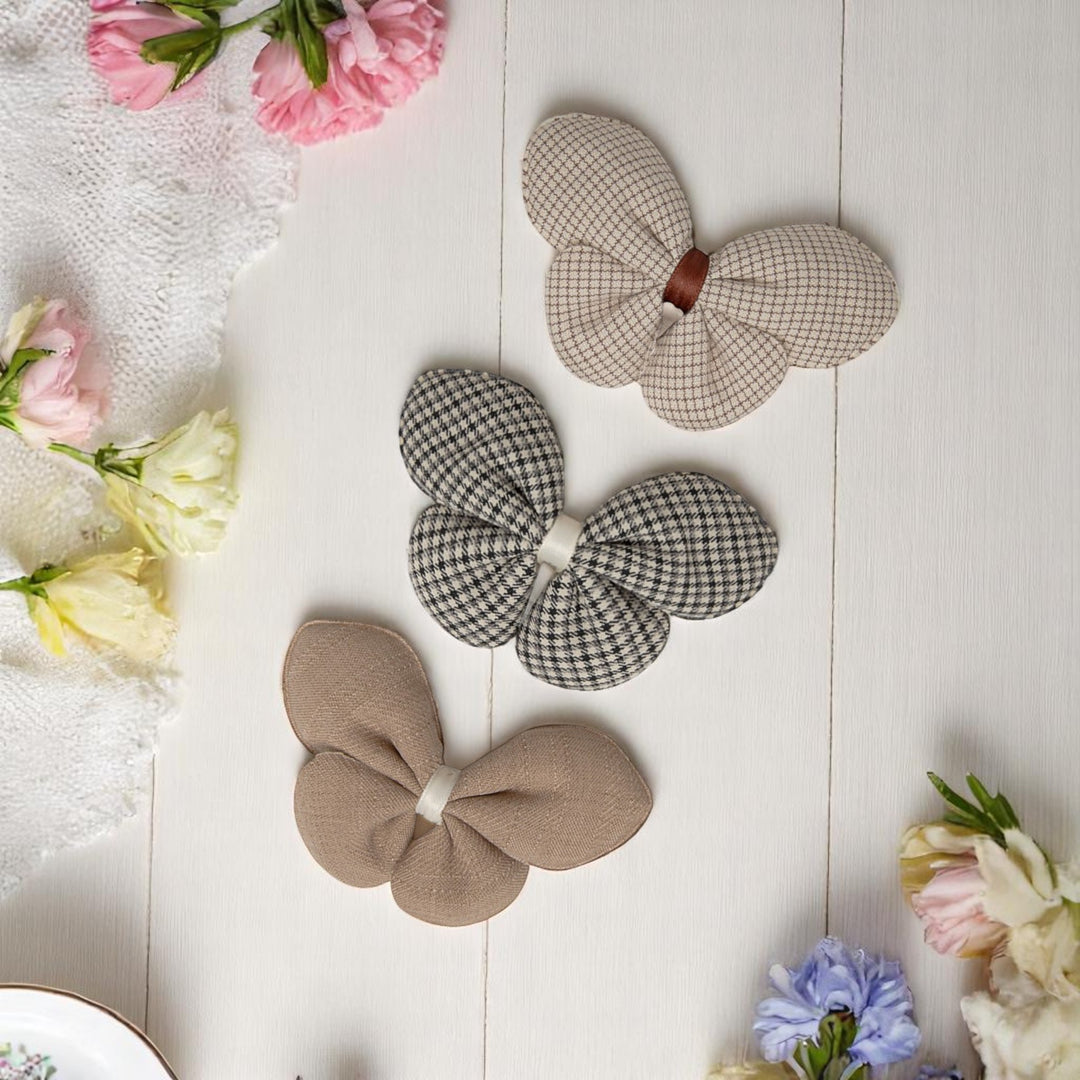 Radhu & Kabby Fabric Butterfly Hair Clips for Girls & Women | Set of 3 Elegant Neutral Soft Checkered Bows