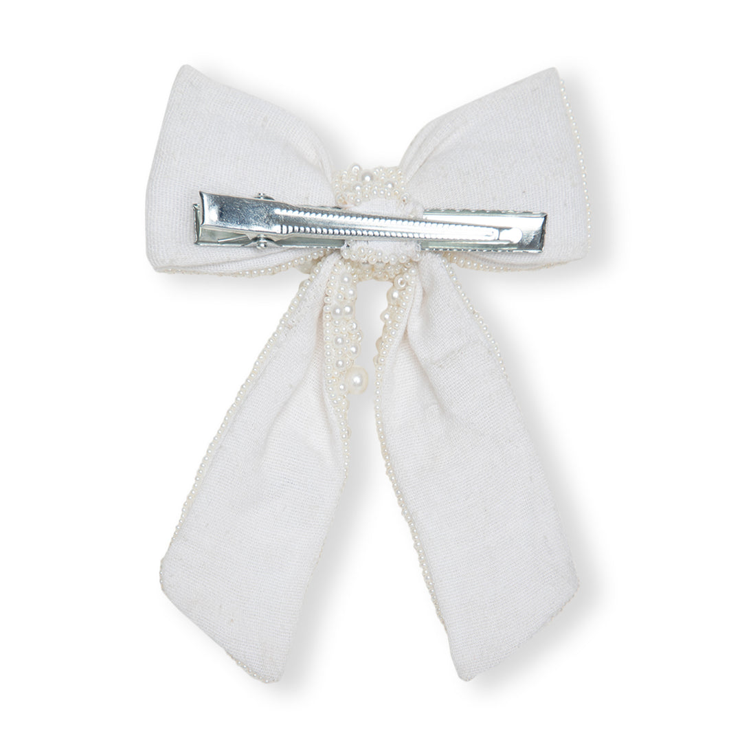 Classic White Hair Bow with Pearls – Beautiful Hair Clip for All Events