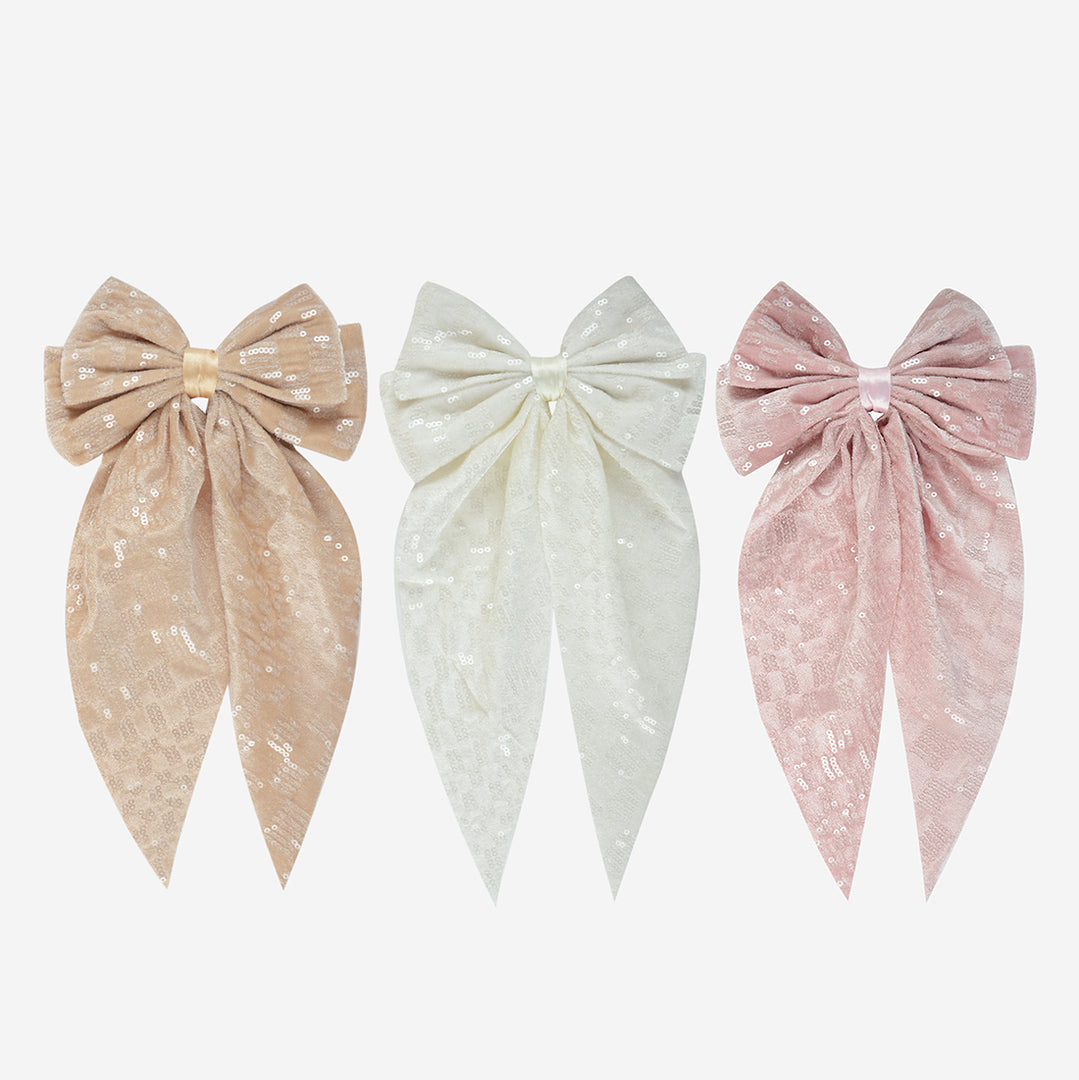 Trendy Sequin Hair Bow Clip Set of 3 - Beige, White & Pink