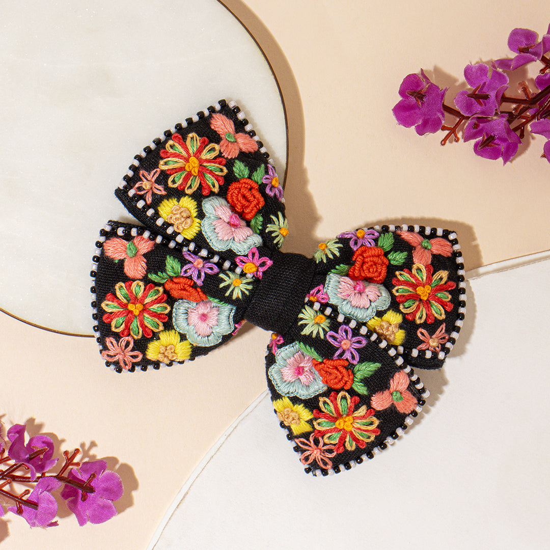 Black Floral Hair Bow with Alligator Clip Hand-Embroidered Design 1 Pcs