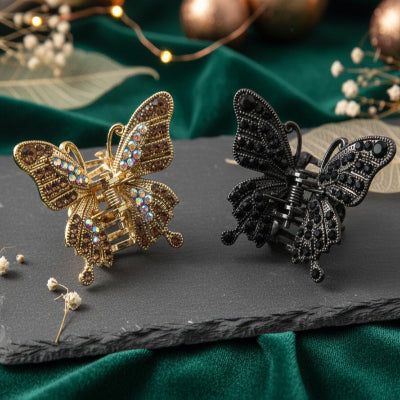 Radhu & Kabby Butterfly Metal Hair Claw Clip Set | Antique Gold & Black Stone-Styled Hair Accessories for Women/Girls