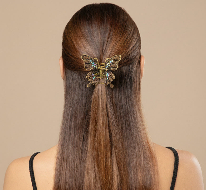 Radhu & Kabby Butterfly Metal Hair Claw Clip Set | Antique Gold & Black Stone-Styled Hair Accessories for Women/Girls