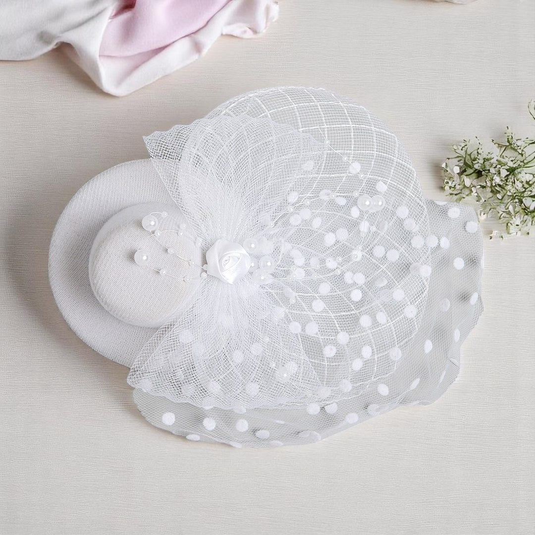 Radhu & Kabby Fascinator Hat for Girls/Women | White Hat with Polka Dot Veil, Mesh Bow | Hair Accessory for Weddings, Outings and Special Events