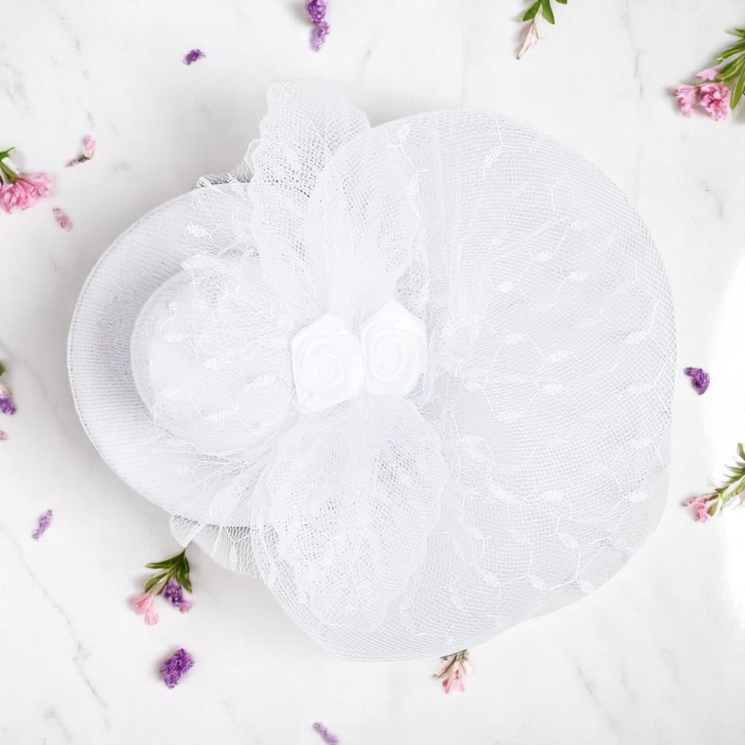 Radhu & Kabby Fascinator Hat for Girls/Women | White Hat with Polka Dot Veil, Mesh Bow | Hair Accessory for Weddings, Outings and Special Events