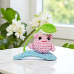 Load image into Gallery viewer, Radhu &amp; Kabby Handmade Crochet Tic Tac Hair Clip | Adorable Pink Character with Leaf Stem for Girls &amp; Women