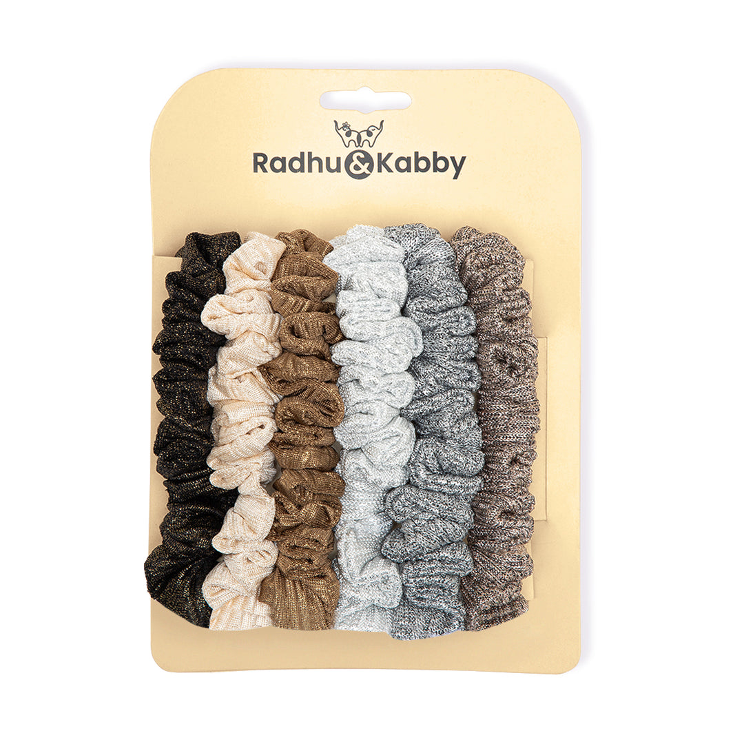Radhu & Kabby Metallic Scrunchies for Women – Pack of 6 Glitter Hair Ties