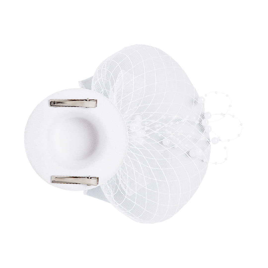Radhu & Kabby Fascinator Hat for Girls/Women | White Hat with Pearl & Mesh Bow | Hair Accessory for Weddings, Events & Special Occasions