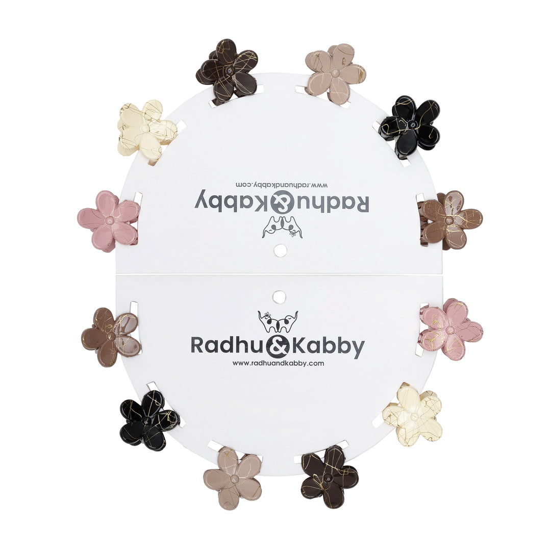 Radhu & Kabby Mini Flower Claw Clips for Girls |  Matte Finish with Marble Pattern | Set of 12 Strong Grip Multicolor Clips for Styling