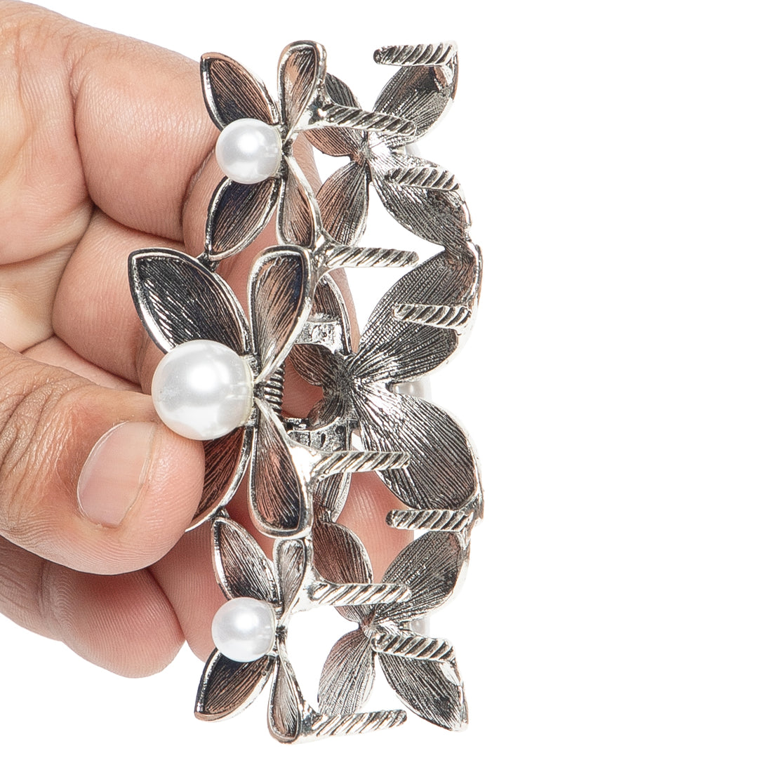 Elegant Floral Pearl Hair Claw Clip - Vintage Metal Flower Hair Accessory