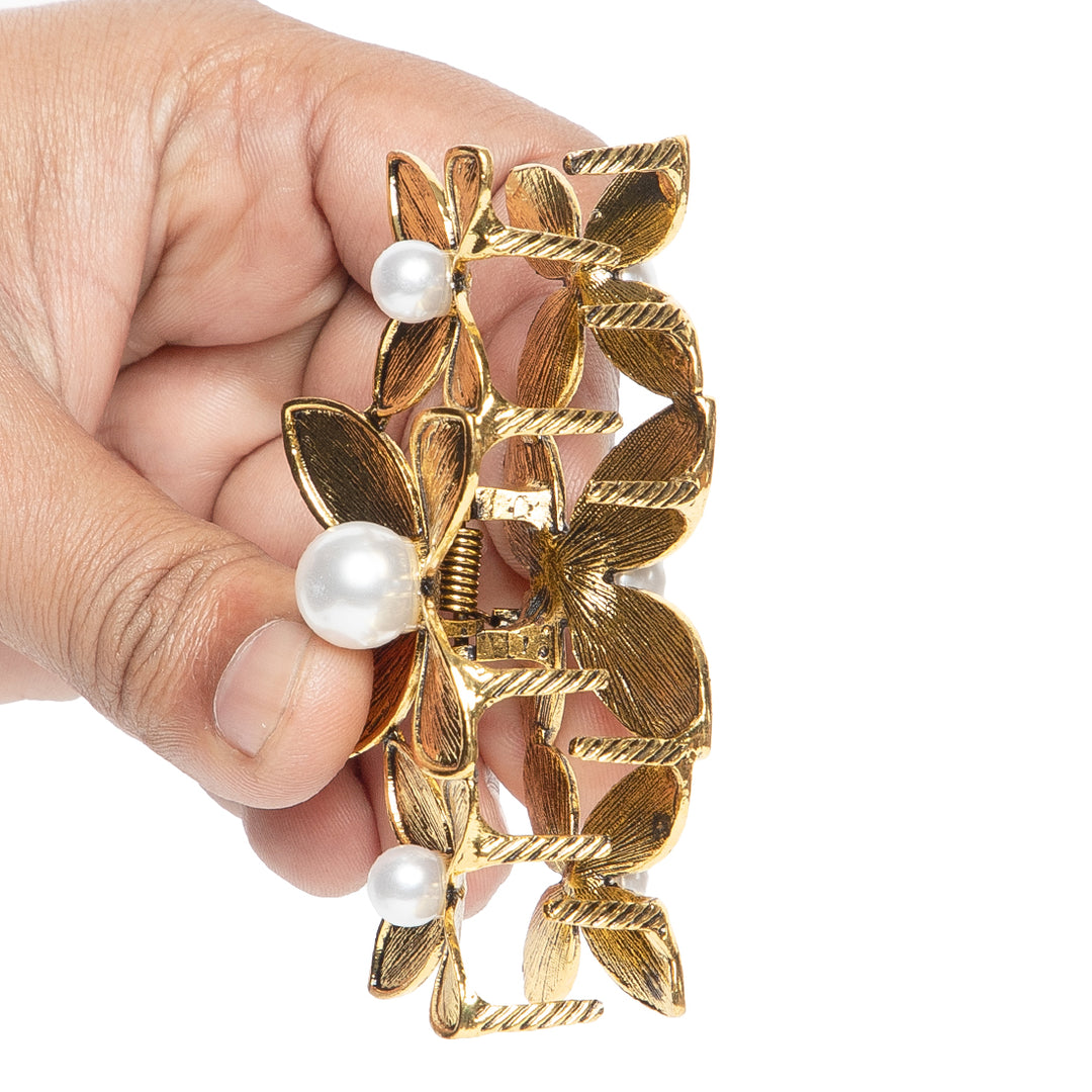 Elegant Floral Pearl Hair Claw Clip - Vintage Metal Flower Hair Accessory