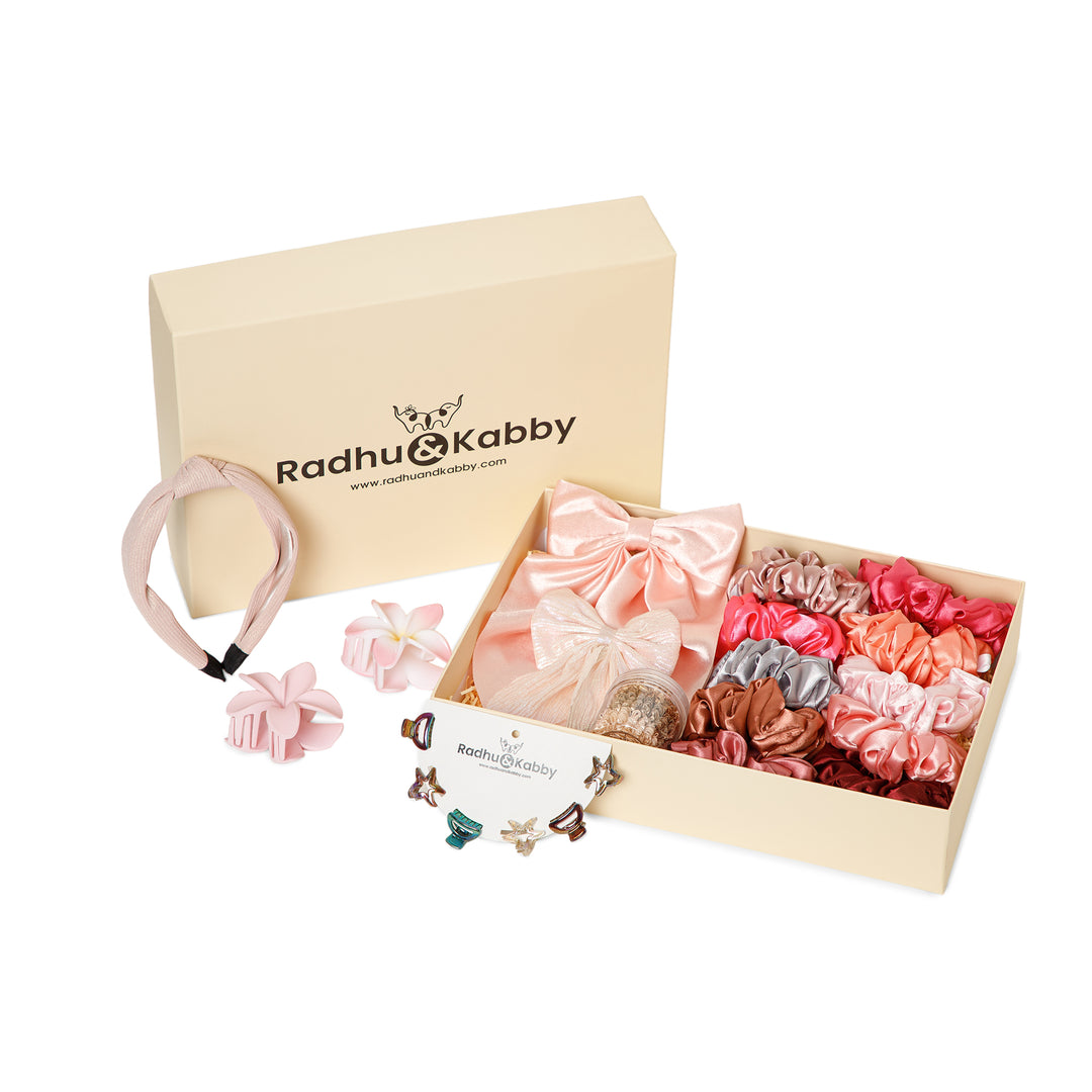 Radhu & Kabby Celebration Gift Hamper | Scrunchies, Hairbands, Bows & Clutchers Set | Stylish Hair Accessories Combo for Women & Girls