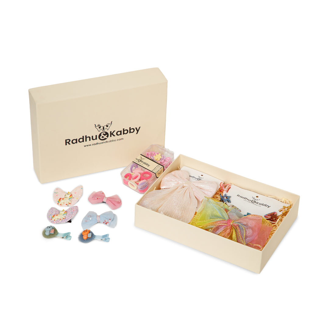 Radhu & Kabby Kids Special Gift Box | Stylish Hair Accessories with Bows, Clips, Rubber Bands & More