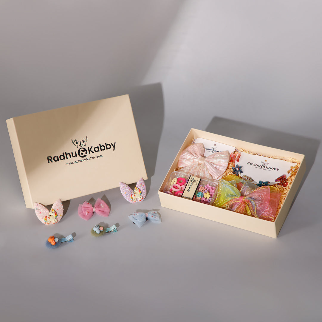 Radhu & Kabby Kids Special Gift Box | Stylish Hair Accessories with Bows, Clips, Rubber Bands & More
