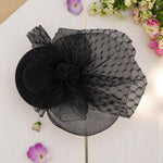 Load image into Gallery viewer, Radhu &amp; Kabby Black Fascinator Hat with Hexagonal Mesh Veil Bow and Roses | Two Alligator Clips for Grip