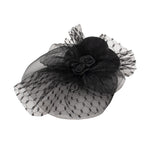 Load image into Gallery viewer, Radhu &amp; Kabby Black Fascinator Hat with Hexagonal Mesh Veil Bow and Roses | Two Alligator Clips for Grip