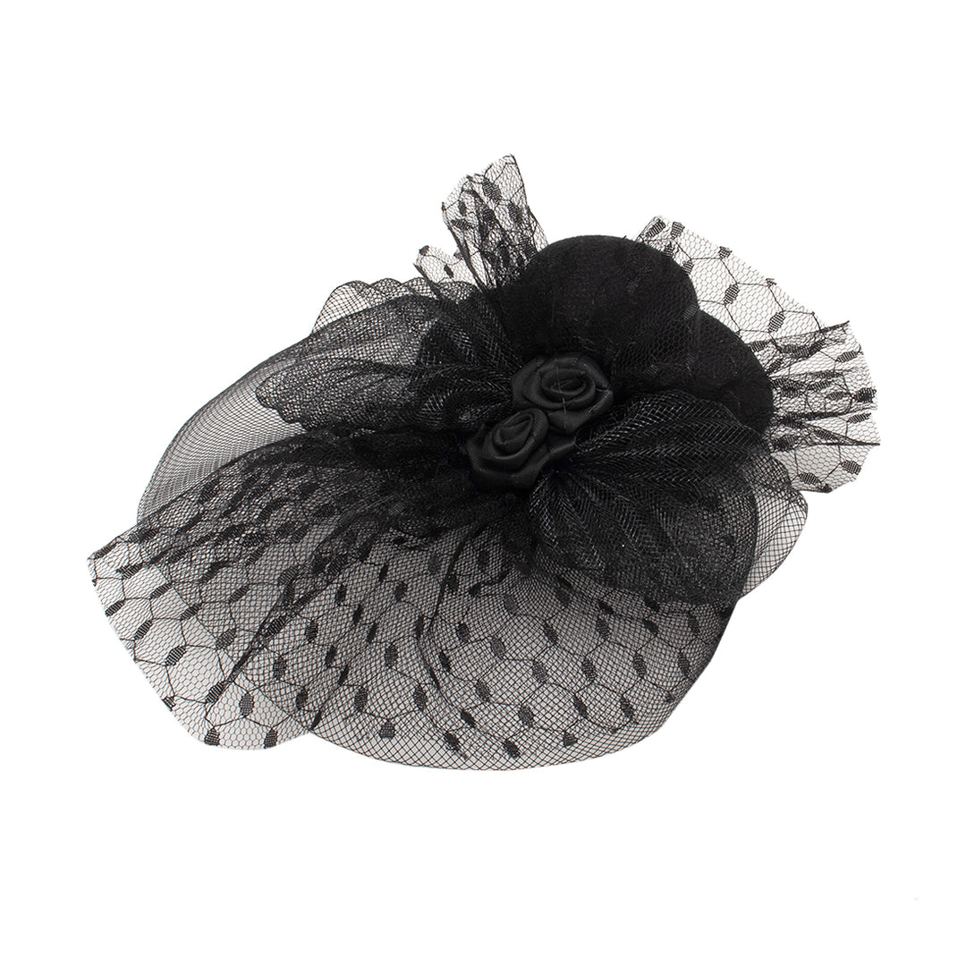 Radhu & Kabby Black Fascinator Hat with Hexagonal Mesh Veil Bow and Roses | Two Alligator Clips for Grip